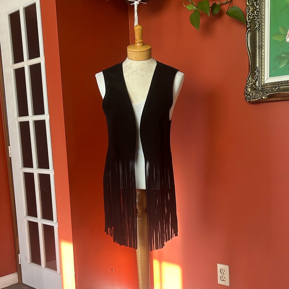 Diane Von Furstenberg DVF Black Suede Genuine Leather Fringe Vest